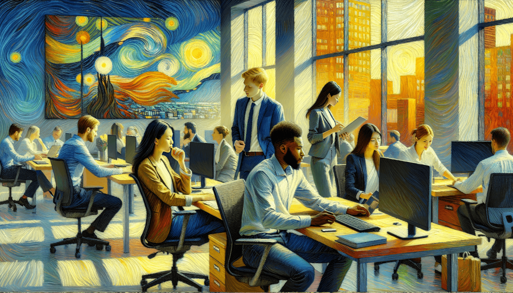a group of people enjoying hemselves at work. The image is set in the modern world