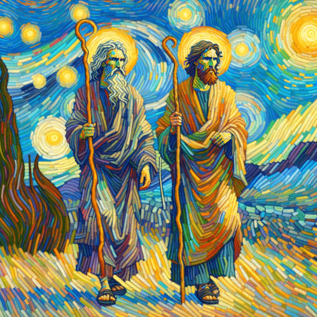 depict 2 apostles as described in Mark\'s gospel chapter 6:7:13 walking holding a staff